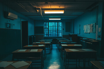 Eerie Classroom at Night, Dimly Lit by a Single Overhead Light, Creating a Haunting Atmosphere