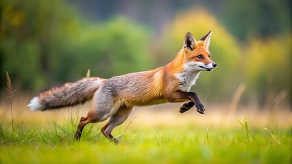 Fototapeta premium the fox in the meadow runs quickly on the grass