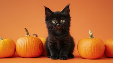Long-haired black kitten with orange pumpkin on an orange background