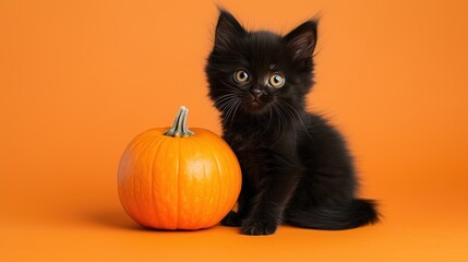 Long-haired black kitten with orange pumpkin on an orange background