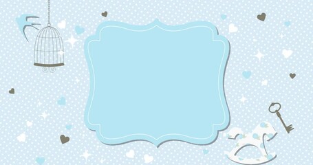 Frame without text on a colorful speech bubble moving on a blue background with a childish decor. Invitation, mailing, video for a baby shower, gender reveal, newborn or baby party...