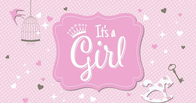 Text "It's a girl" on a colorful speech bubble moving on a pink background with a childish decor. Invitation, mailing, video for a baby shower, gender reveal, newborn or baby party...
