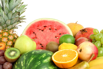 Many different fresh fruits isolated on white