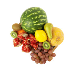 Many different fresh fruits in crate isolated on white, top view