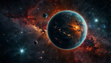 Planet in a cosmic nebula.