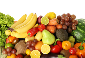 Many different fruits and vegetables isolated on white