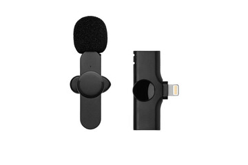 Compact black wireless lavalier microphone for smartphone connection, ideal for mobile audio...