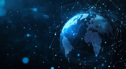 Naklejka premium A hologram of a planet with satellites orbiting it, a 3D illustration of data analytics and corporate logistics, and business strategy. Internet technologies and virtual reality.