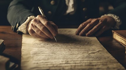 A person dressed in historical attire writes with a quill pen on an aged parchment paper at a wooden desk.