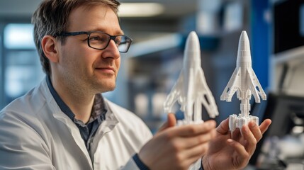 An engineer meticulously studies two 3D-printed rocket models, comparing their designs in a well-equipped workshop. Natural light filters through, enhancing the focus on his work and creativity.