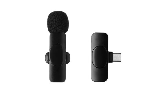 Compact black wireless lavalier microphone for smartphone connection, ideal for mobile audio recording, featuring a sleek design and portability. Isolate on white back