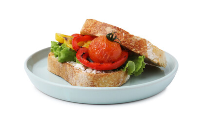 Tasty sandwich with grilled vegetables and cream cheese isolated on white