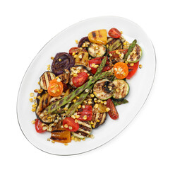 Delicious salad with grilled vegetables isolated on white, top view