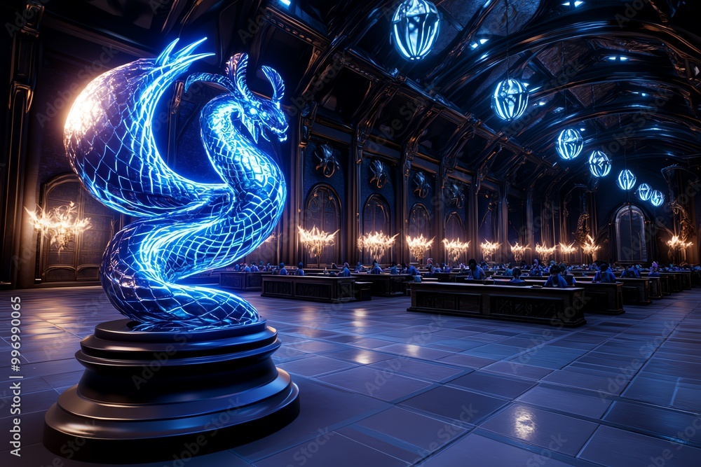 Poster a virtual classroom in a fantasy world where students attend lessons taught by mythical beings, comb