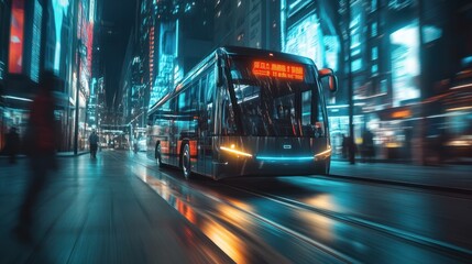 Self driving bus. Autonomous bus driving in city. Future Electric passenger buse. Self-driving passenger electric bus. Public electric E-bus. Driverless bus line with 5g autonomous driving buses.