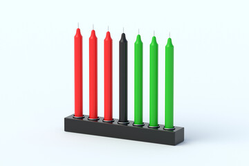 Kwanzaa candles on light gray background. Traditional kinara. 3d render