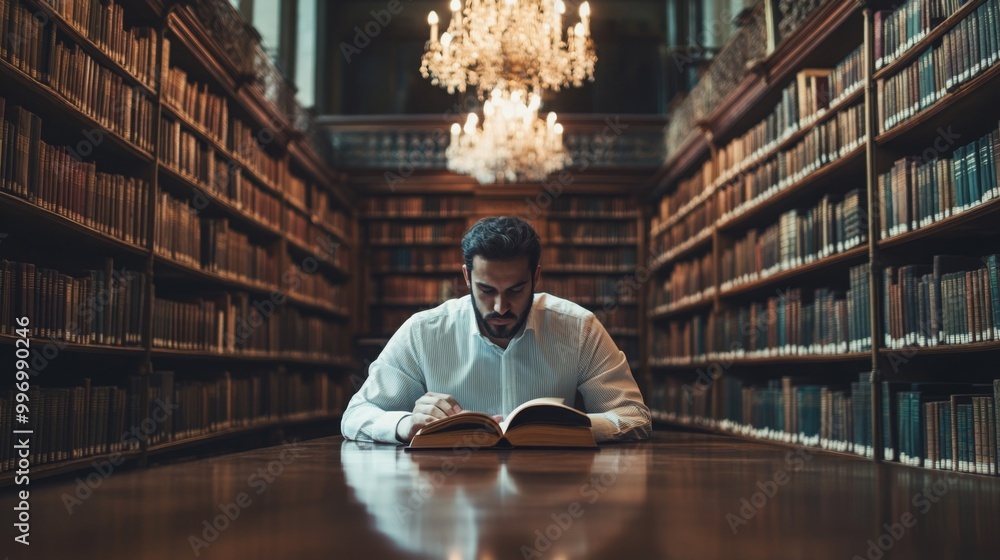 Poster a man sits at a long wooden table in an elegant library, deeply focused on reading a large book. the