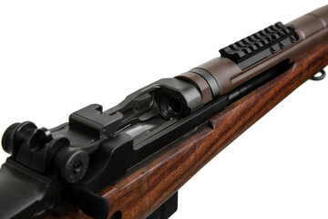 Classic semi-automatic rifle with a wooden stock and black metal parts isolated on a white back