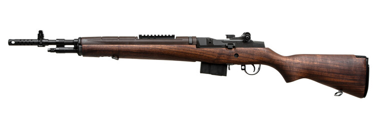 Classic semi-automatic rifle with a wooden stock and black metal parts isolated on a white...