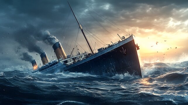 Historical ship sinking in turbulent waters at sunset, smoke billows from its stacks creating a dramatic scene.