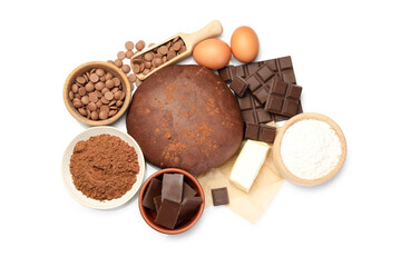 Chocolate dough and ingredients isolated on white, top view