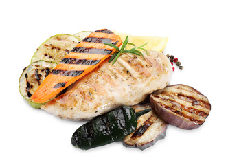 Delicious grilled vegetables and chicken breast isolated on white