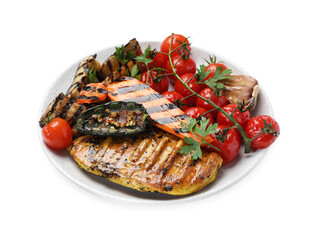 Delicious grilled vegetables and chicken breast isolated on white
