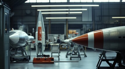 Engineers diligently develop advanced missile prototypes in a modern aerospace facility, featuring cutting-edge technology, large worktables, and specialized equipment.