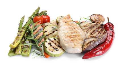Delicious grilled vegetables and chicken breast isolated on white