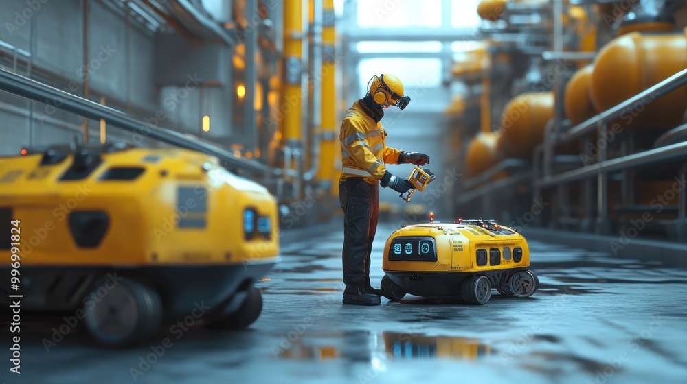 Poster Technician checking safety protocols in a petroleum facility with autonomous robots