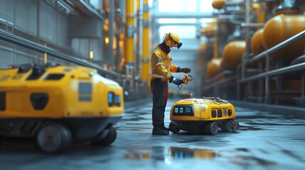 Technician checking safety protocols in a petroleum facility with autonomous robots