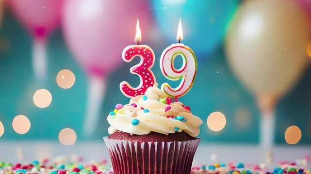 Birthday cupcake with burning lit candle with number 39. Number thirtynine for thirtynine years or thirtyninth anniversary.