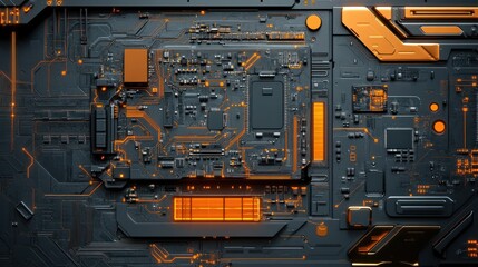 Fototapeta premium Technical blueprint of a robotic copper circuit board, monochromatic with metallic accents, intricate wiring paths, minimalistic labels, detailed layers and connections, AI-powered design tools