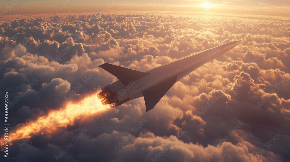 Poster a powerful rocket soars through the sky, piercing sunlit clouds during sunset, trailing flames from 