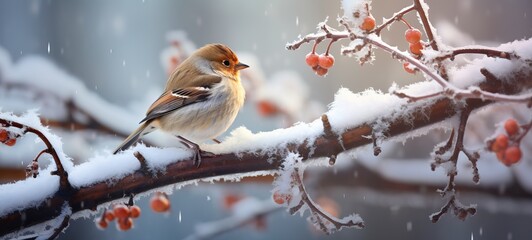 a sparrow sits on a snowy tree branch in winter
