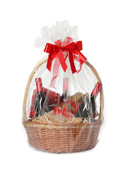 Wicker gift basket with wine isolated on white
