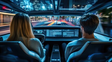 Two passengers enjoying a ride in a modern autonomous vehicle with a spacious interior, showcasing advanced self driving technology and urban mobility