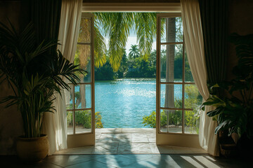 Fototapeta premium Elegant Aluminum Seaview Door with a Sleek Finish, Facing a Peaceful Sandy Beach and Calm Ocean Waters