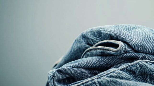 The composition showcases a neatly folded pair of blue denim jeans highlighted against a soft light gray background, emphasizing simplicity and elegance