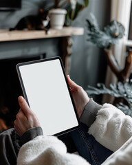 Cozy scene Woman holding ipad infront of fireplace, cottage core look, dark moody with a cat sitting in the background