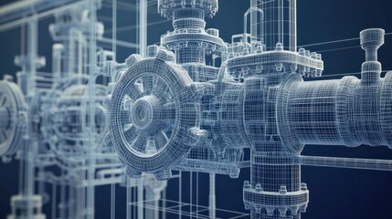 Vector Rendering of 3D Valves and Industrial Equipment Wire-Frame