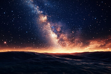 Naklejka premium Breathtaking View of the Milky Way Galaxy Arching Across the Night Sky, Seen from a Remote Mountain Peak