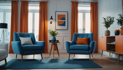 Modern furnished, colorful and cozy contemporary living room, living area with designer style sofa in daylight