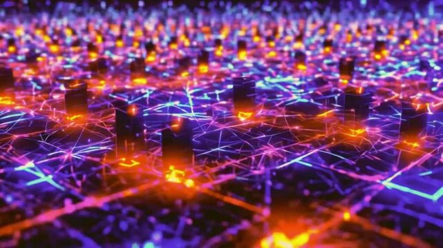 Abstract visualization of cross-chain bridges connecting blockchains. Glowing data packets assets move bridges, seamless interoperability blockchain ecosystem, 4k Technology Background Animation Video