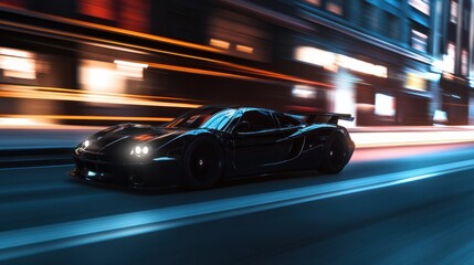 A black car is driving down the street at high speed.