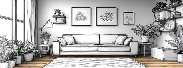 Line interior home art room design illustration outline sketch furniture. Home line sofa interior house doodle continuous lineart one office lamp chair decor hand living table apartment background,