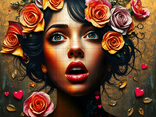 Fototapeta premium astonished and adoration expression of fragmented woman composed of puzzle pieces