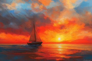 Enchanting Boat Sailing Towards the Horizon, the Sky Ablaze with Breathtaking Sunset Colors