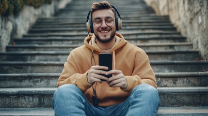 Obraz premium Young happy man sit on the stairs with headphones and listen music on mobile phone 