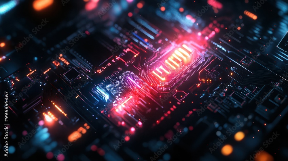 Poster ai word on microchip and colorful light spread with strong beam , ai concept with copyspace banner b